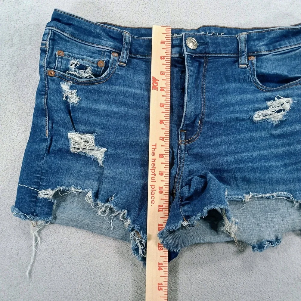 American Eagle Women Distressed Denim Shorts Blue 12 Next Level Stretch